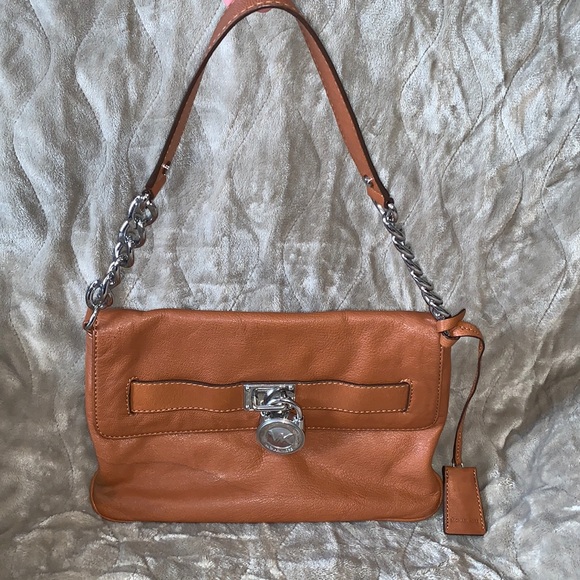 MICHAEL Michael Kors Handbags - Michael Kors Hamilton Brown/Camel Leather Clutch/Shoulder Bag